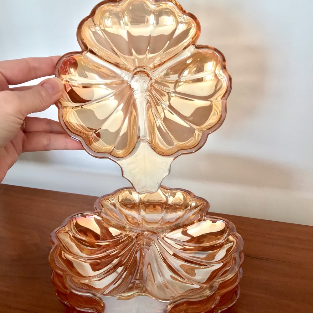 🍀 Set of 3 Jeanette Carnival Glass Doric Marigold iridescent Clover Dish